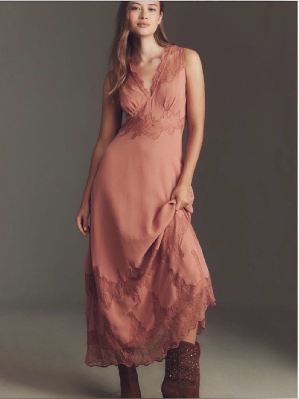 Anthropologie Dusty Rose Lace Maxi Dress Size Medium Romantic Boho